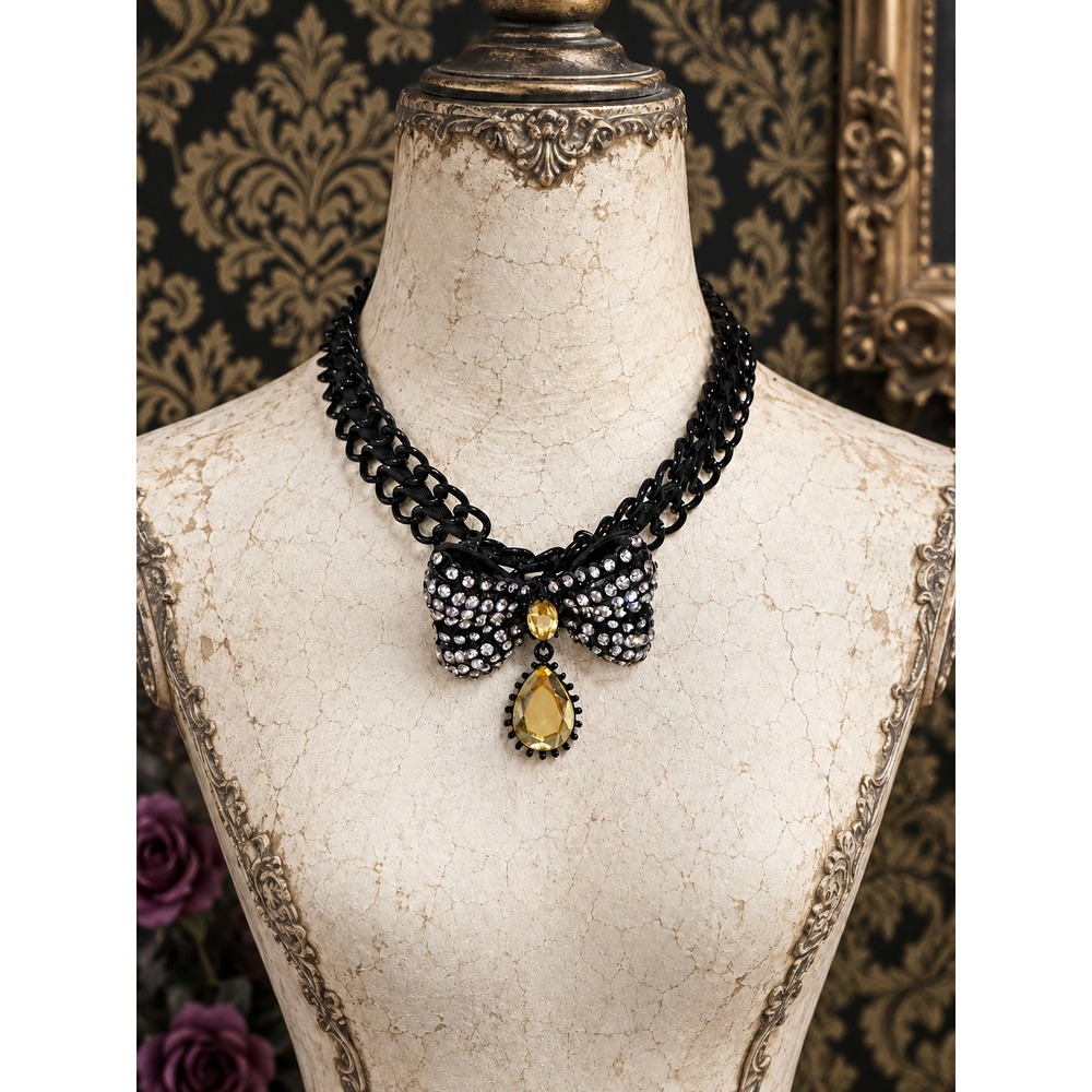 Betsey Johnson Goth Glam Bow Choker Necklace Black Curb Chain Crystals Topaz